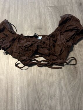 Brown Ruched Crop Top with Tie Details